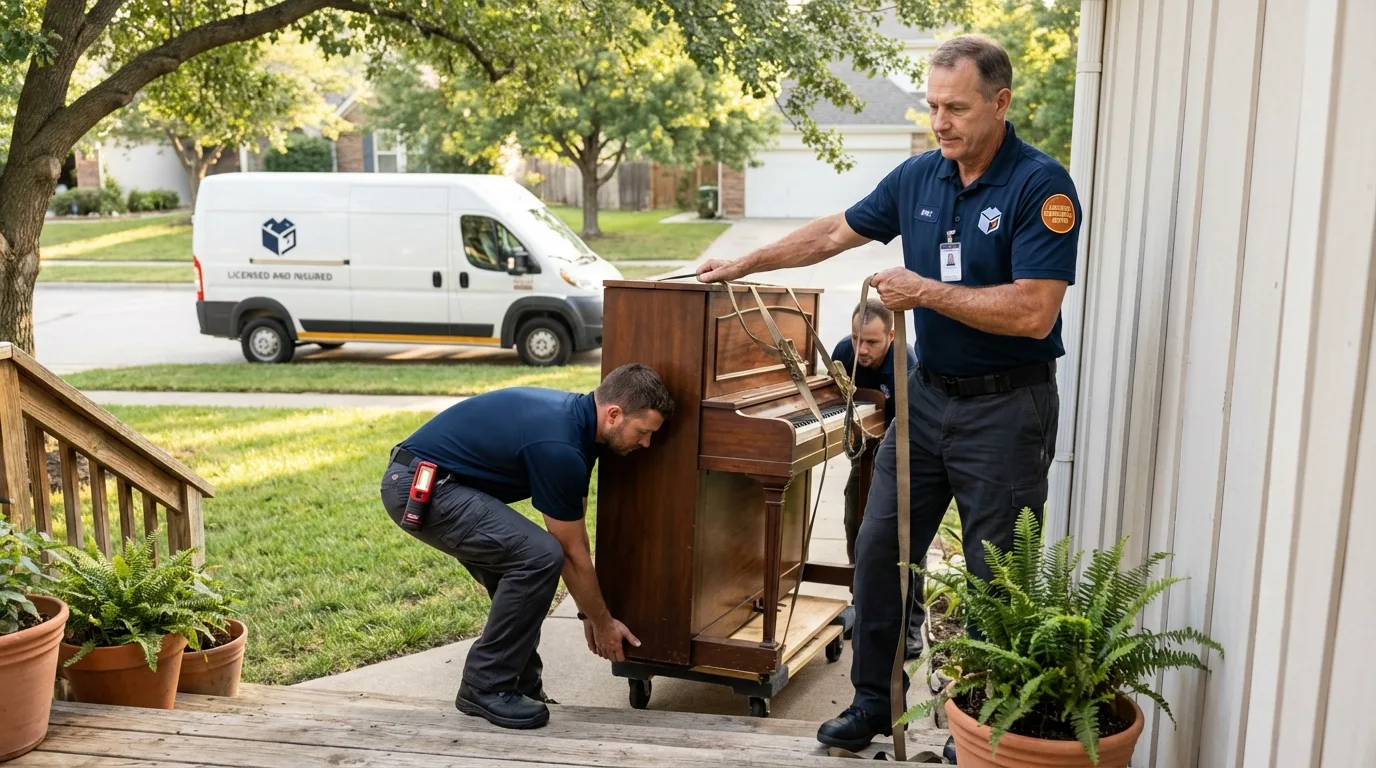 Licensed piano movers securing grand piano in Ankeny, IA