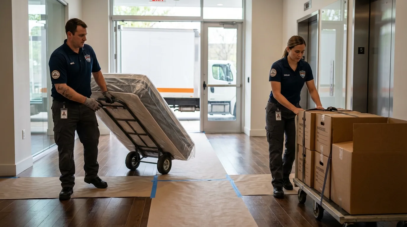 Professional apartment movers loading elevator in Ankeny, IA
